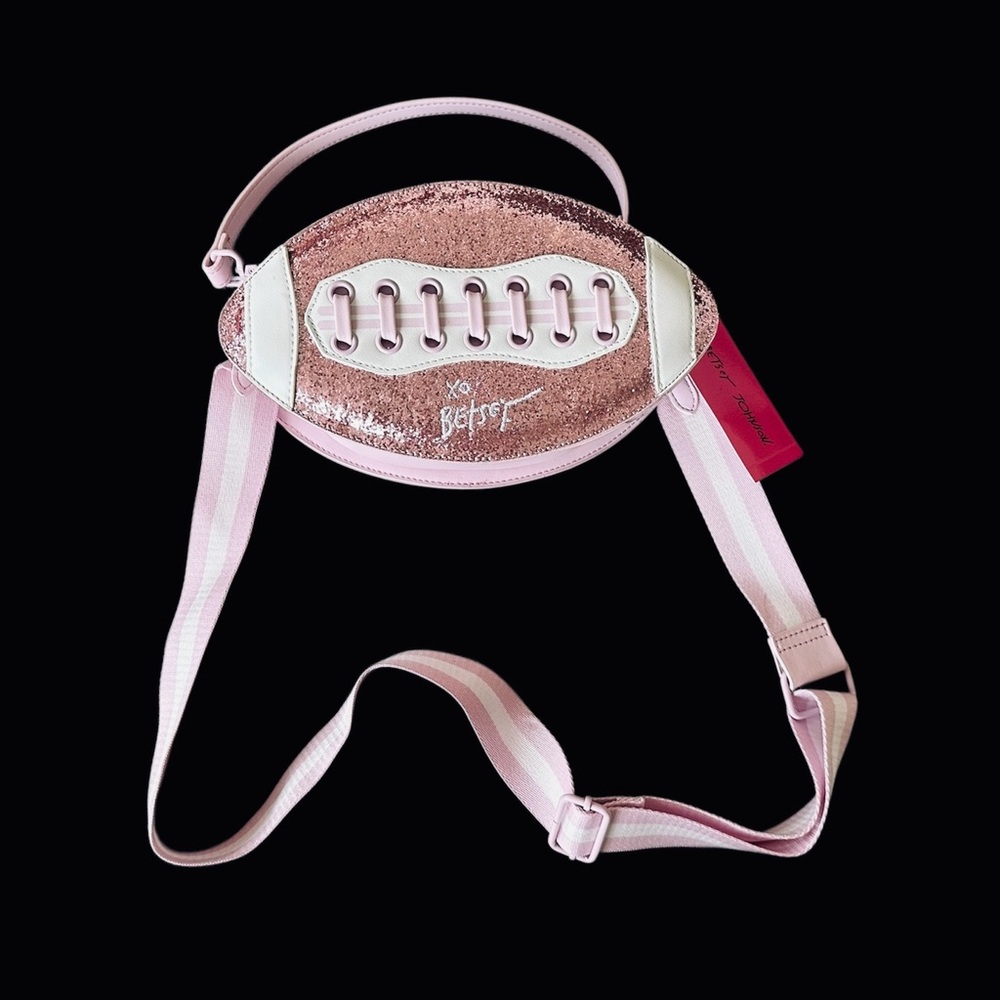 NWT Betsey Johnson Pink Glitter Football Crossbody Bag